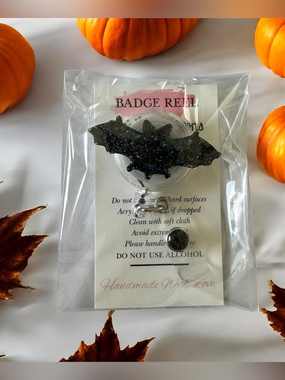 Handmade Black Glitter Bat Badge Reel